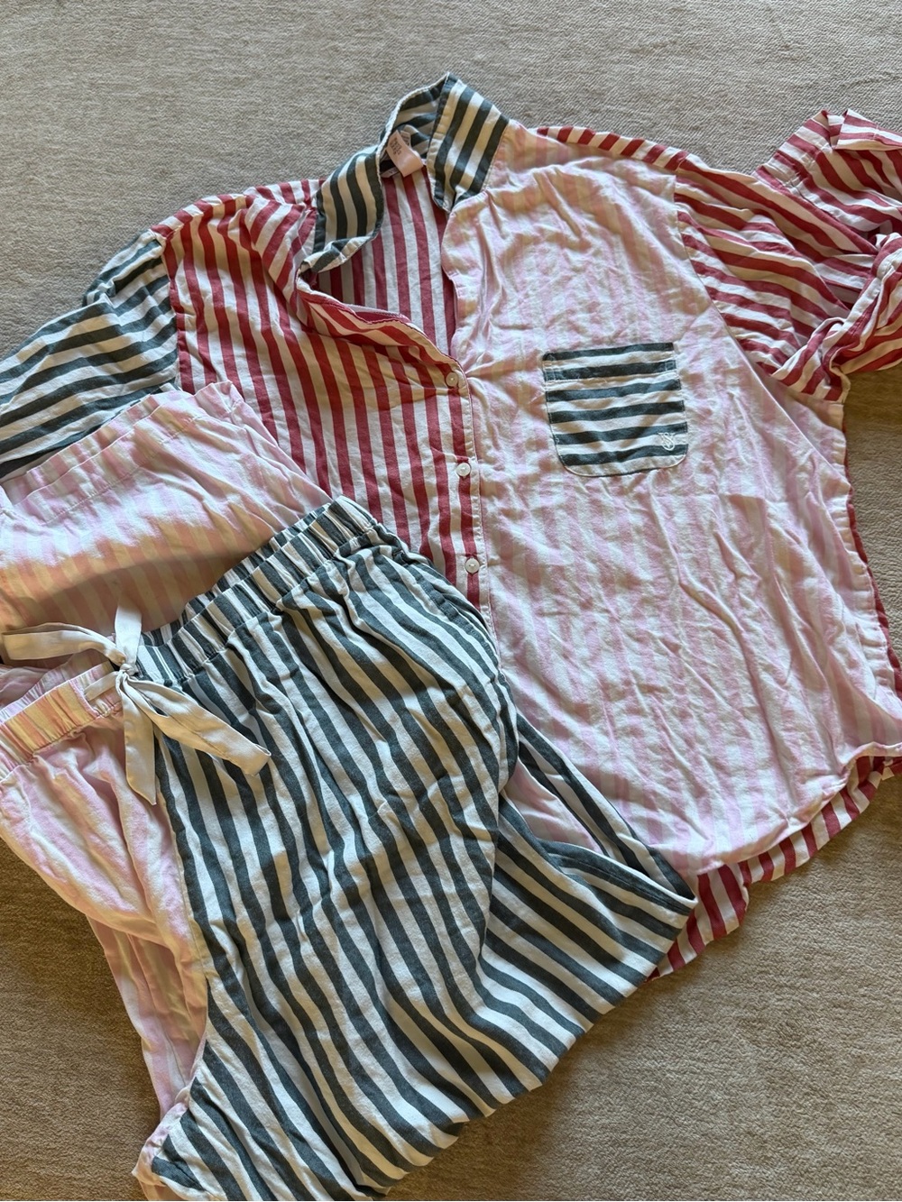 Victoria's Secret Striped Cotton Pajama Set in Pink, Red & Gray